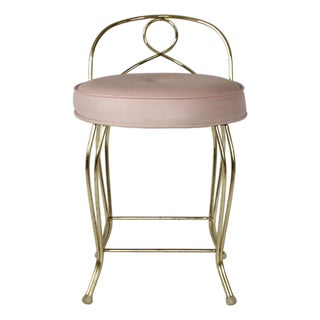 Vintage Pale Pink & Brass Vanity Seat / Stool / Chair For Sale