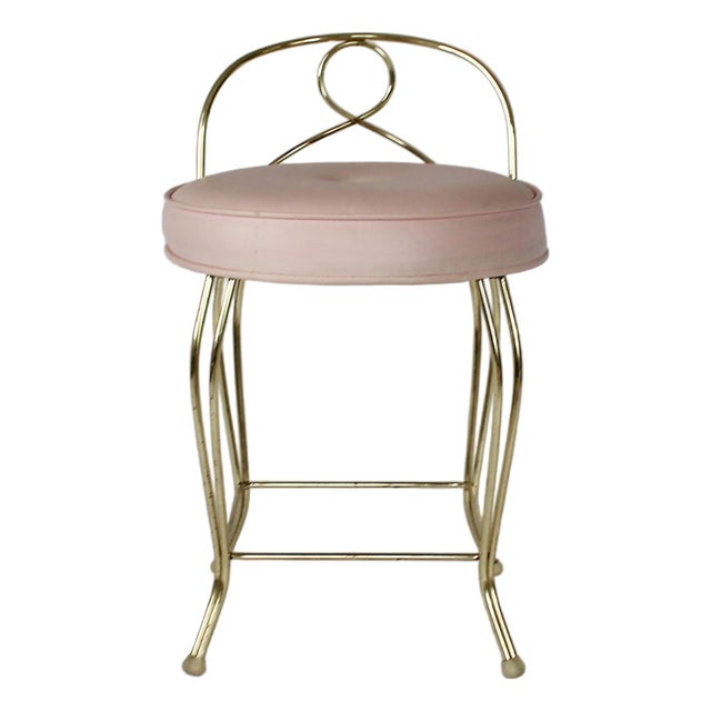 Vintage Pale Pink & Brass Vanity Seat / Stool / Chair For Sale