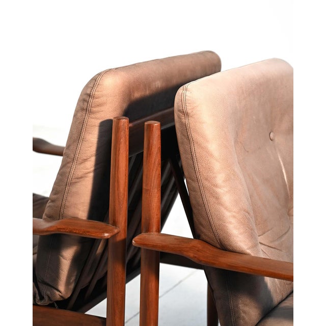 Brown Scandinavian Leather Armchairs with Ottoman, 1960s, Set of 3 For Sale - Image 8 of 15