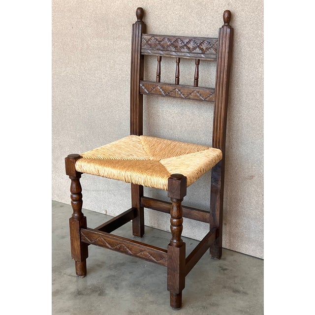 French Country 20th Century Set of Six Catalan Chairs in Carved Walnut and Caned Seats For Sale - Image 3 of 11