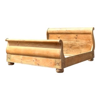 Vintage Boho Knotty Pine King Sleigh Bed For Sale