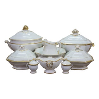 Antique Haviland Limoges Porcelain White & Gold Casserole Serving Tureens 15" - 9 pcs For Sale
