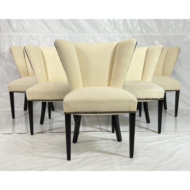 1960s Set of 6 Mid-Century Tuxedo Dining Chairs, Ebonized Wood, Brass Nailheads For Sale - Image 5 of 18
