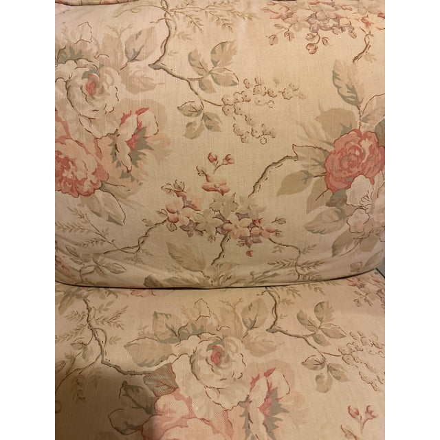 Pair of Vintage Floral Slipper Chairs With Turned Legs & Brass Casters For Sale In Baltimore - Image 6 of 17