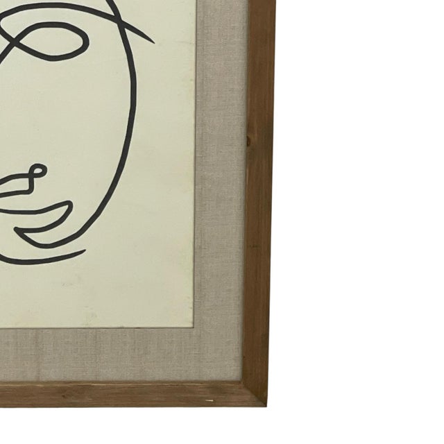 1970s 1970s Framed Modernist Abstract Line Drawing Face Portrait With Linen Mat For Sale - Image 5 of 10