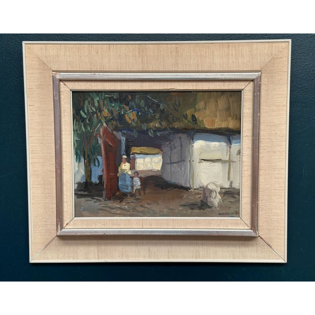 Axel Hamborn, Villagers in Courtyard, 1950s, Oil Painting on Panel, Framed For Sale - Image 18 of 18