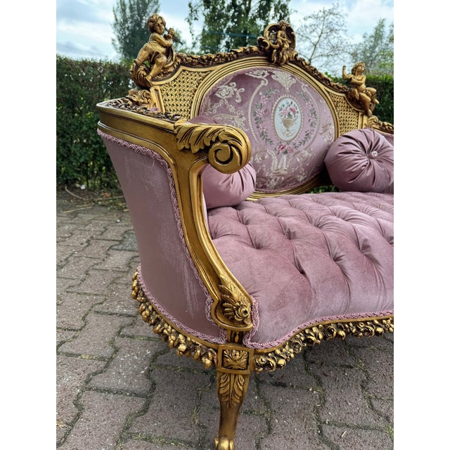 Rose 1940 French Louis XVI Gold Beech Rose Velvet Settee For Sale - Image 8 of 18
