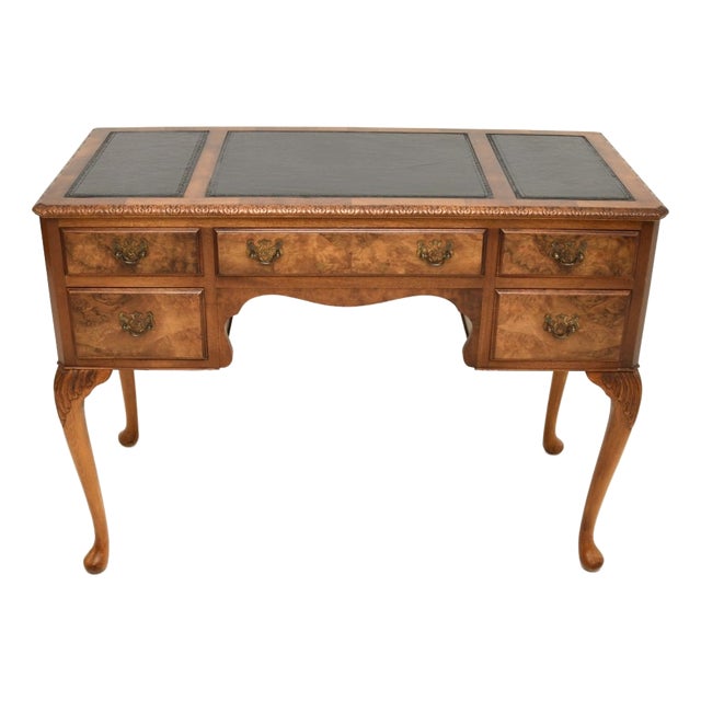 Antique Burr Walnut Leather Top Desk, 1930s For Sale