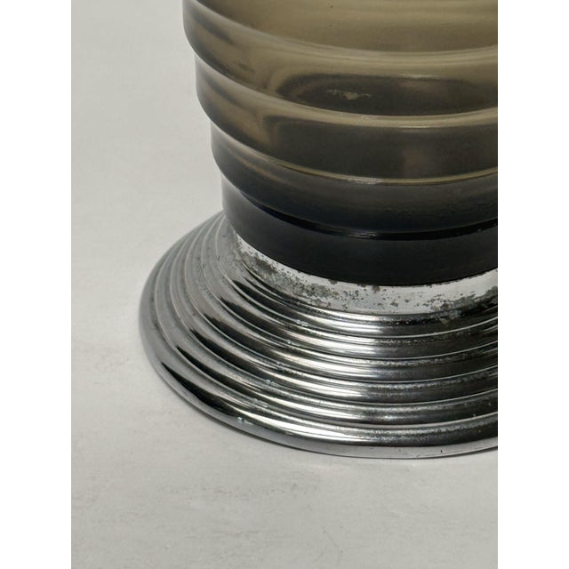 Early 20th Century Art Deco Vases of Ribbed Smoked Glass and Chrome - From France (Two Available) For Sale - Image 5 of 15