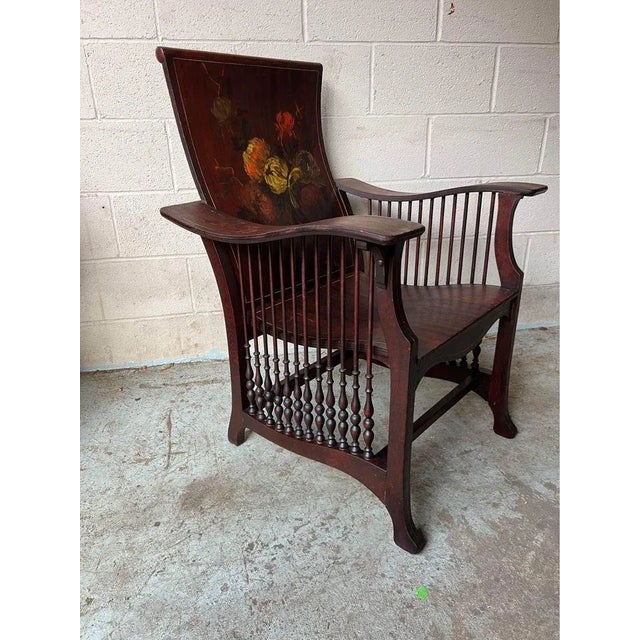 Antique American Empire Style Bentwood & Spindle Floral Hand Painted Back Library Armchair For Sale - Image 10 of 18