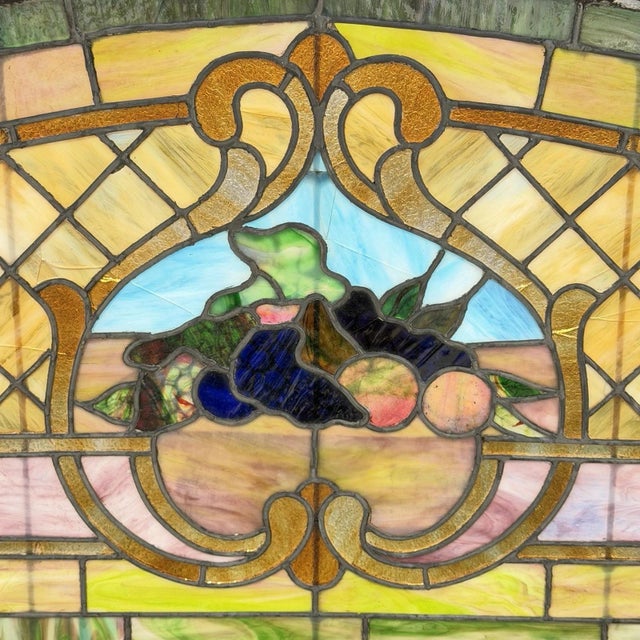 Art Nouveau Antique Art Nouveau Colored Stained Glass Fruit 27 X 75 Arched Transom Window, B For Sale - Image 3 of 18