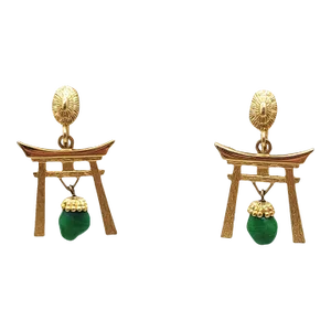 Vintage 1960s Signed Napier Goldtone Faux-Jade Torii Gate Clip Earrings - 2 Pieces