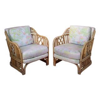 Pair of Vintage Fretwork Burnt Bamboo Upholstered Club Chairs For Sale