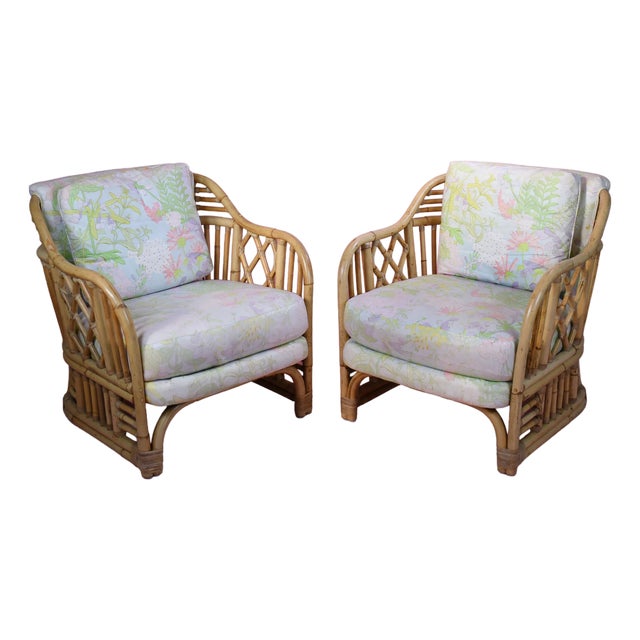 Pair of Vintage Fretwork Burnt Bamboo Upholstered Club Chairs For Sale