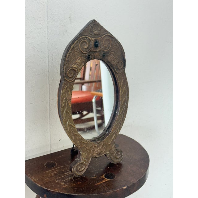 Antique French Repoussé Metal Table Mirror With Green Glass Accents, C. 1900–1930 For Sale - Image 4 of 9