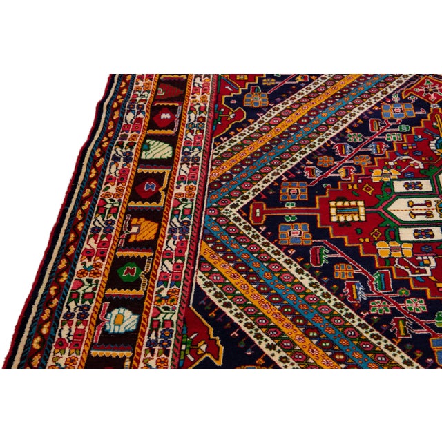 Vintage Handmade Shiraz Red Geometric Wool Rug 6'8" X 9'11" For Sale - Image 10 of 12