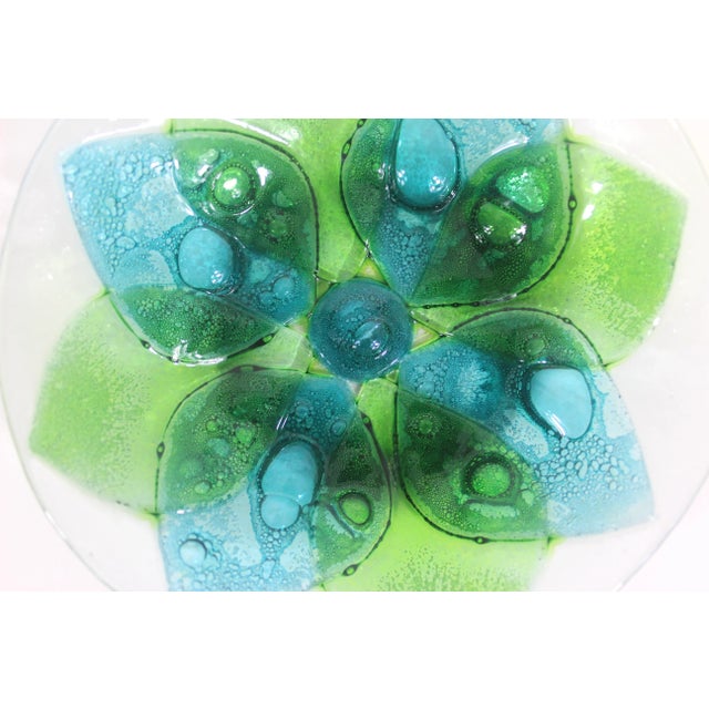 Vintage Art Glass Bubble Bowl Green Blue Flower For Sale - Image 9 of 9