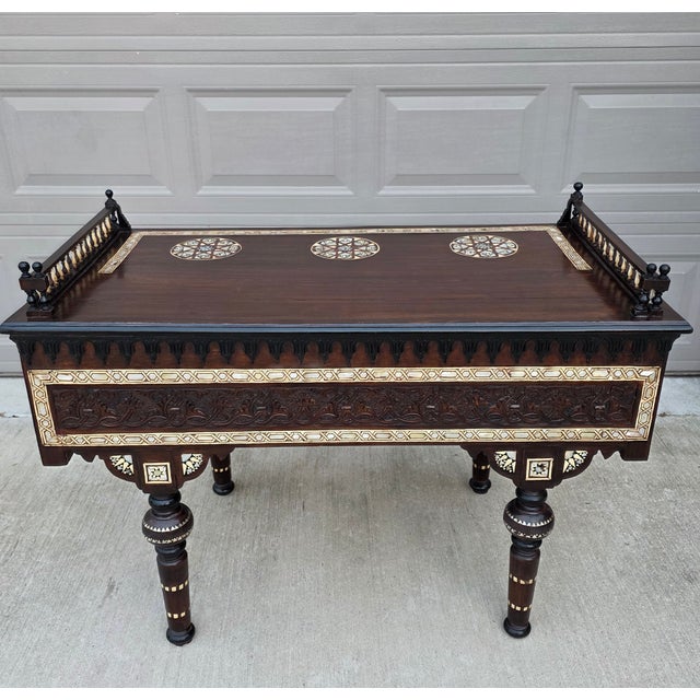 Moorish Style Antique Mother's of Pearl Inlaid Ebonized Carved Wood Library Table Desk in the Manner of Carlo Bugatti For Sale - Image 13 of 18
