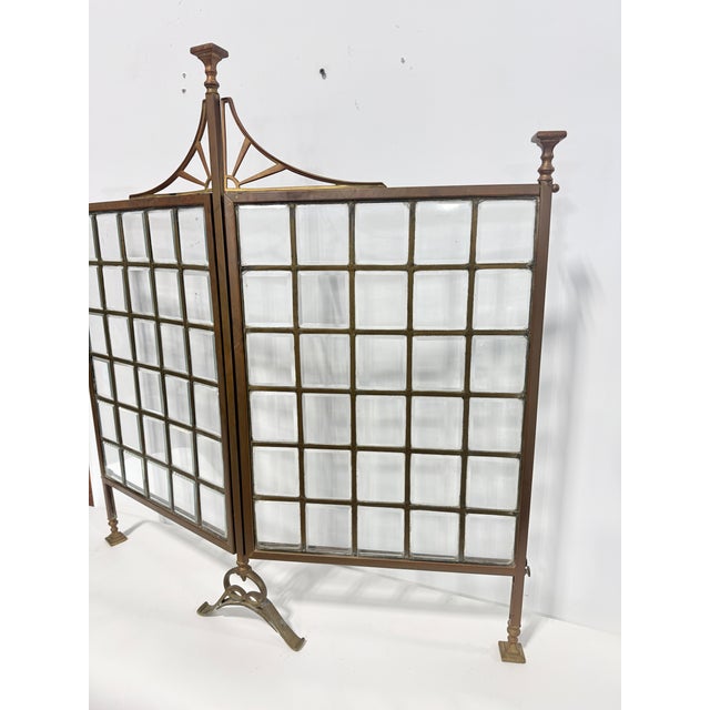 Unusual Edwardian Brass and Beveled Glass Folding Fire Screen, Late 19th C For Sale - Image 4 of 14