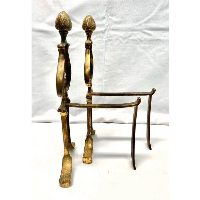 Metal Vintage Brass Lyre Andirons – Neoclassical Hollywood Regency Fireplace Decor, Pair For Sale - Image 7 of 7