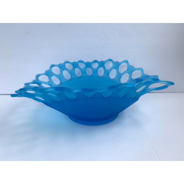 Westmoreland Glass Vintage Westmoreland Doric Lace Blue Satin Glass Oval Centerpiece Bowl For Sale - Image 4 of 9