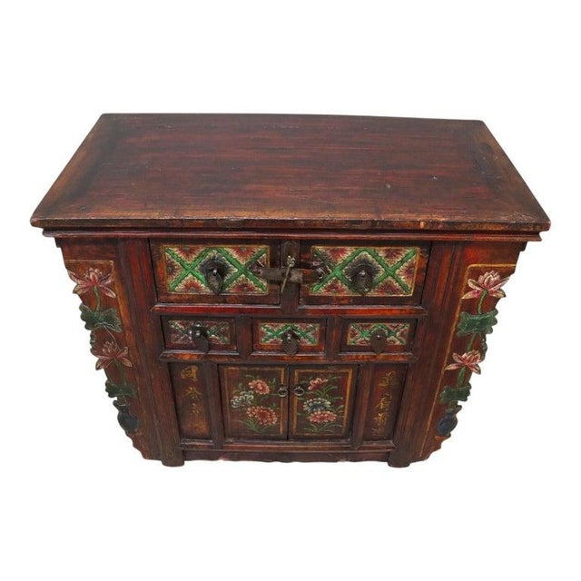 Wood Antique Tibetan Floral Polychromed & Carved Rosewood Tea Cabinet C1890 For Sale - Image 7 of 15