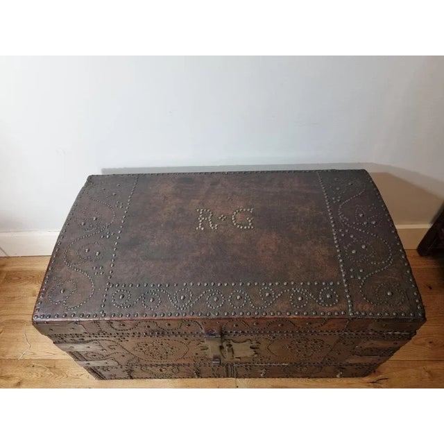 17th Century William and Mary Brass Studded Leather Chest For Sale - Image 6 of 11