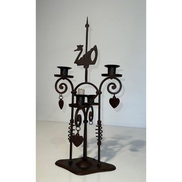 Metal 1950s Two Lights Wrought Iron Candlestick Representing a Swan For Sale - Image 7 of 12