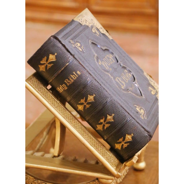 Brass 19th Century English Leather Bound Holy Bible With Brass Mounts and Clasps For Sale - Image 8 of 14