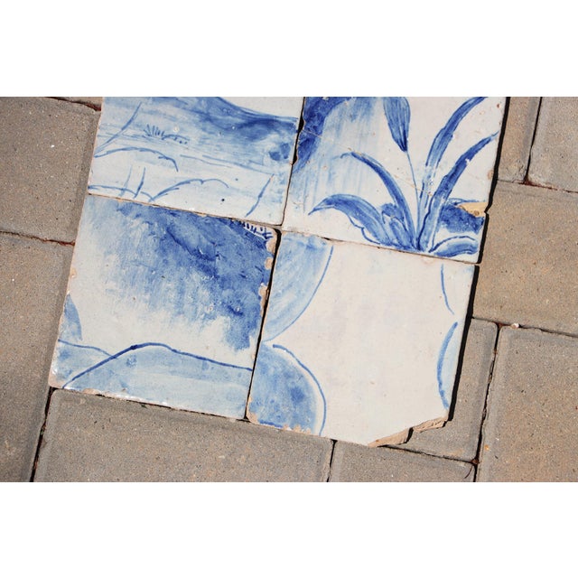 18th Century 18th Century Portuguese Hand-Painted Landscape Tiles Featuring Botanical Motifs in Cobalt Blue & White, Set of 6 For Sale - Image 5 of 6