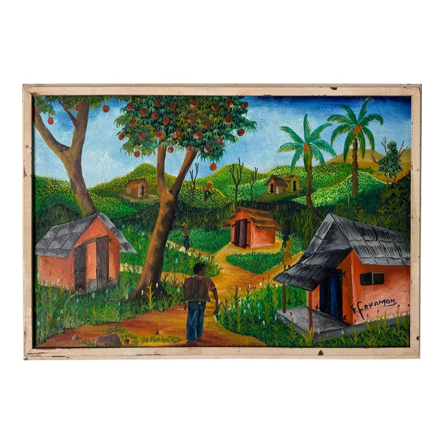 1970s Vintage Haitian Folk Art Landscape Oil Painting by F. Faramon For Sale