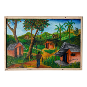 1970s Vintage Haitian Folk Art Landscape Oil Painting by F. Faramon
