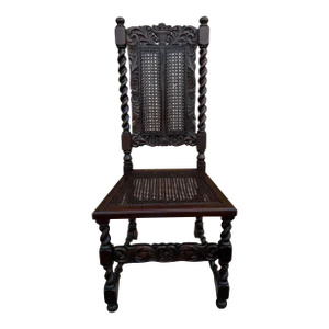 Early 20th Century Antique Jacobean Style Walnut Carved Cane Back and Seat Barley Twisted Chair