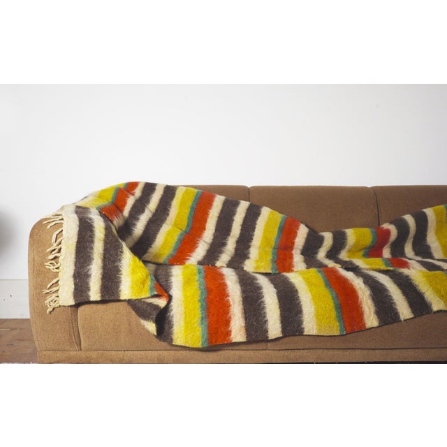 Very old Portuguese Cobertor de Papa wool blanket with bold red-green-yellow-brown multicoloured stripes, substantial...