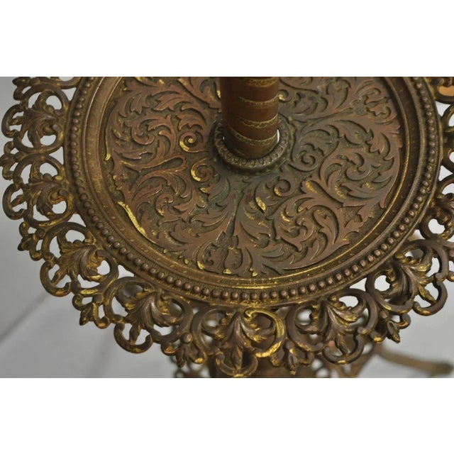 Antique Victorian Ornate Brass Converted Oil Lamp Piano Parlor Table Floor Lamp For Sale - Image 12 of 16
