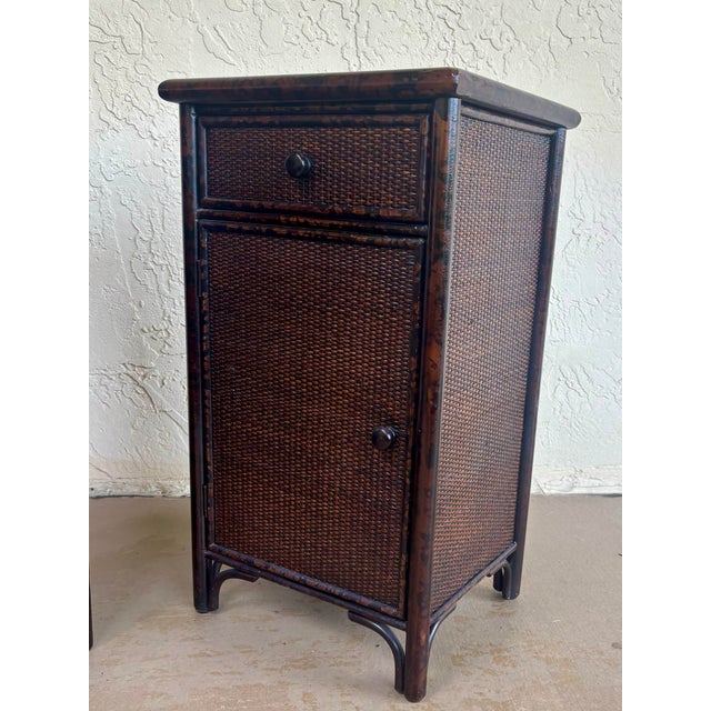 1980s Pair Vintage British Colonial Faux Burnt Bamboo & Cane Nightstands For Sale - Image 5 of 12