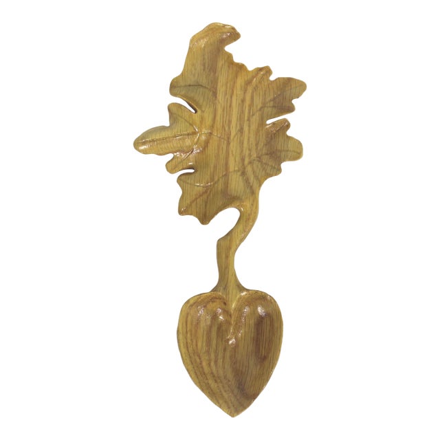 Hand Carved Wood Spoon Folk Art Treen Welsh Love Spoon Leaf For Sale