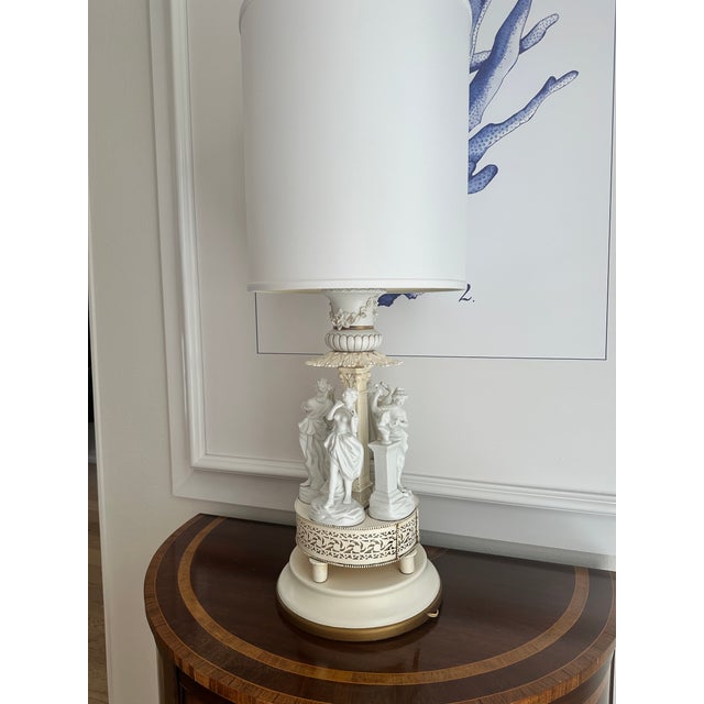 Off-white Antique Neoclassical Bisque Figural Table Lamp Classical Maiden Column Form With Pierced Illuminated Base For Sale - Image 8 of 10