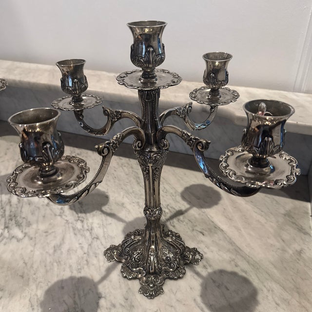 Vintage Ornate Silver Plated 5 Arm Candelabras For Sale - Image 9 of 10