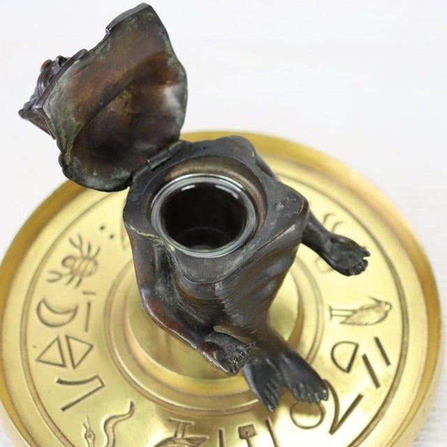 Egyptian Revival Figural Pharaoh Bronze & Brass Inkwell With Glass Insert C1880 For Sale - Image 6 of 8