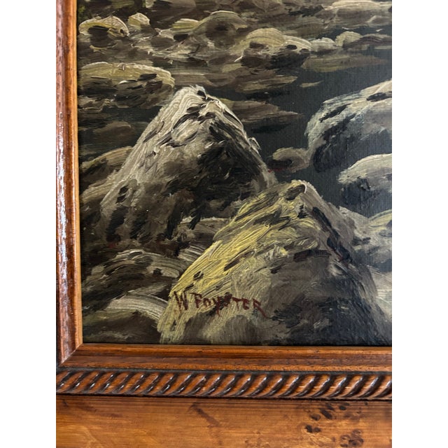 1940s Landscape Oil Painting on Linen of a Stone Bridge Over Creek ~ Birds Eye Maple Frame For Sale In Philadelphia - Image 6 of 7
