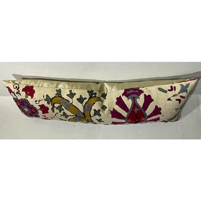 Single Long Antique Silk Embroidery Suzani Pillow For Sale - Image 9 of 12