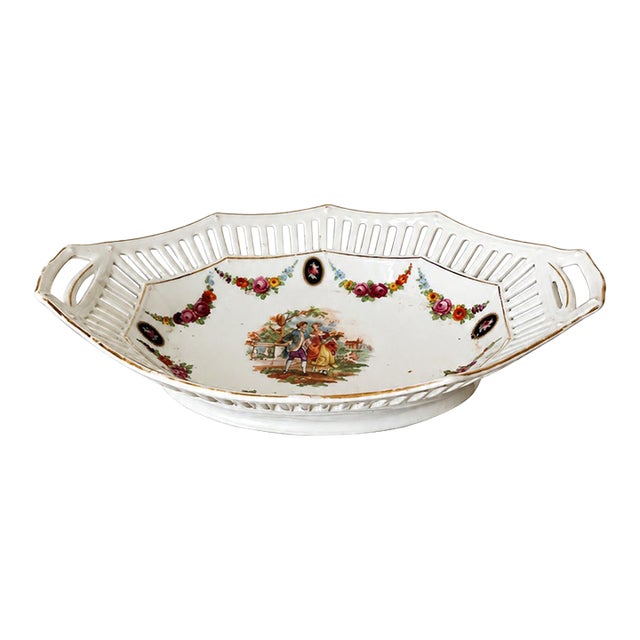 1940s German Porcelain Pierced Handled Tray With Courting Couple and Floral Garlands For Sale