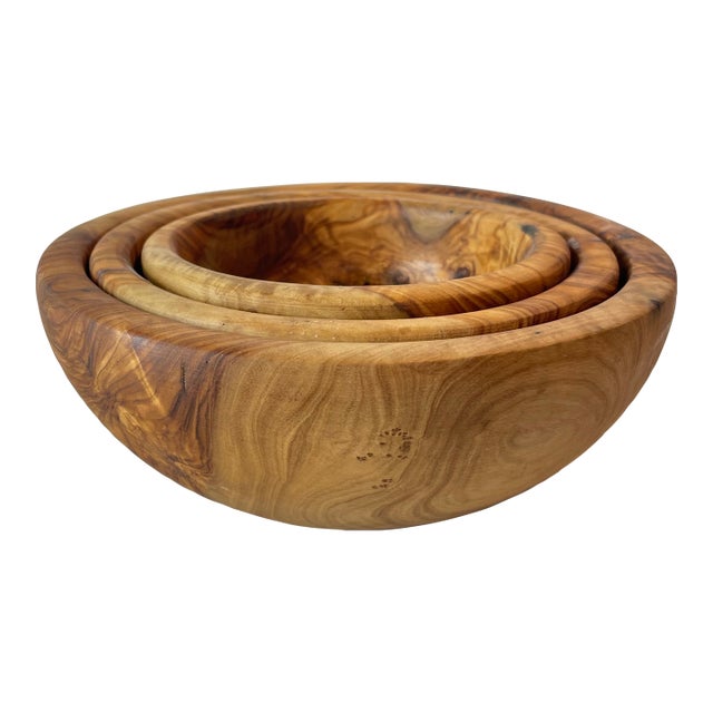 Set of 3 Hand-Turned Olive Wood Nesting Bowls — Organic Modern Decorative Woodware For Sale