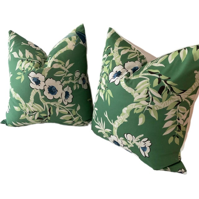 Pair of Thibaut Fabrics Yukio Chinoiserie Green and Blue Pillow Covers For Sale - Image 6 of 6