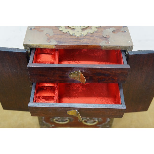 Mid 20th Century Chinese Rosewood & Brass Inlaid Locking Jewelry Box Tansu Cabinet 12" For Sale - Image 17 of 18
