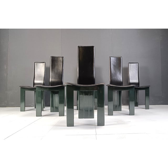 Italian Leather and Green Lacquer Dining Chairs, 1980s, Set of 6 For Sale - Image 6 of 11
