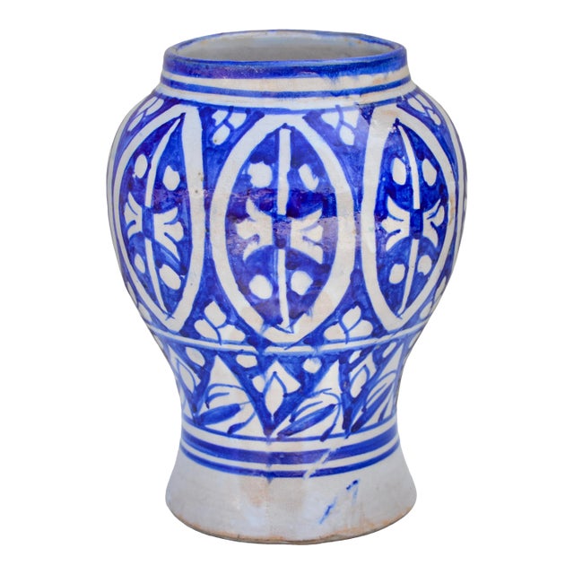 Early 20th Century Handmade Moorish-Patterned Blue Ceramic-Art Vase For Sale