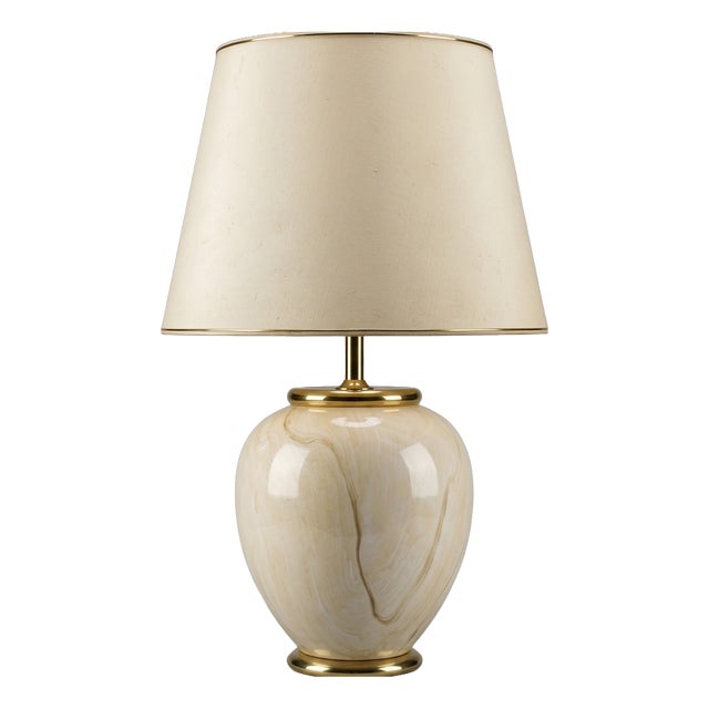 Large Vintage Hollywood Regency Ceramic Lamp with Beige Onyx Effect and Gilded Brass from Faïencerie De Bruyn, 1970s For Sale