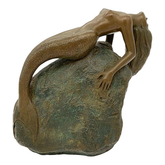 1980s Neoclassic Bronze Nude Mermaid Siren Statue on Beach Rock by James Siebert For Sale